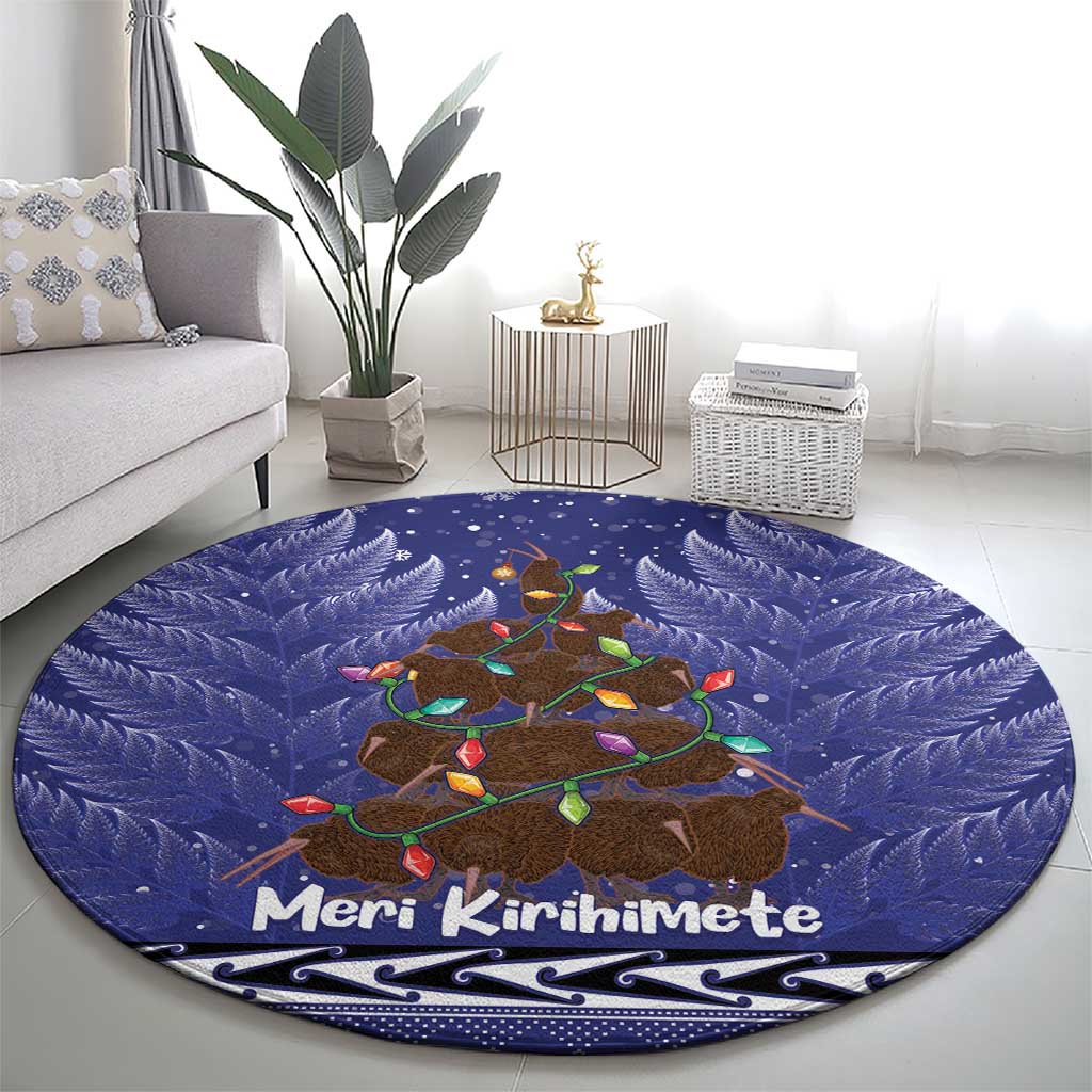 Kiwi New Zealand Christmas Round Carpet Meri Kirihimete Silver Fern - Blue Color LT14 - Polynesian Pride