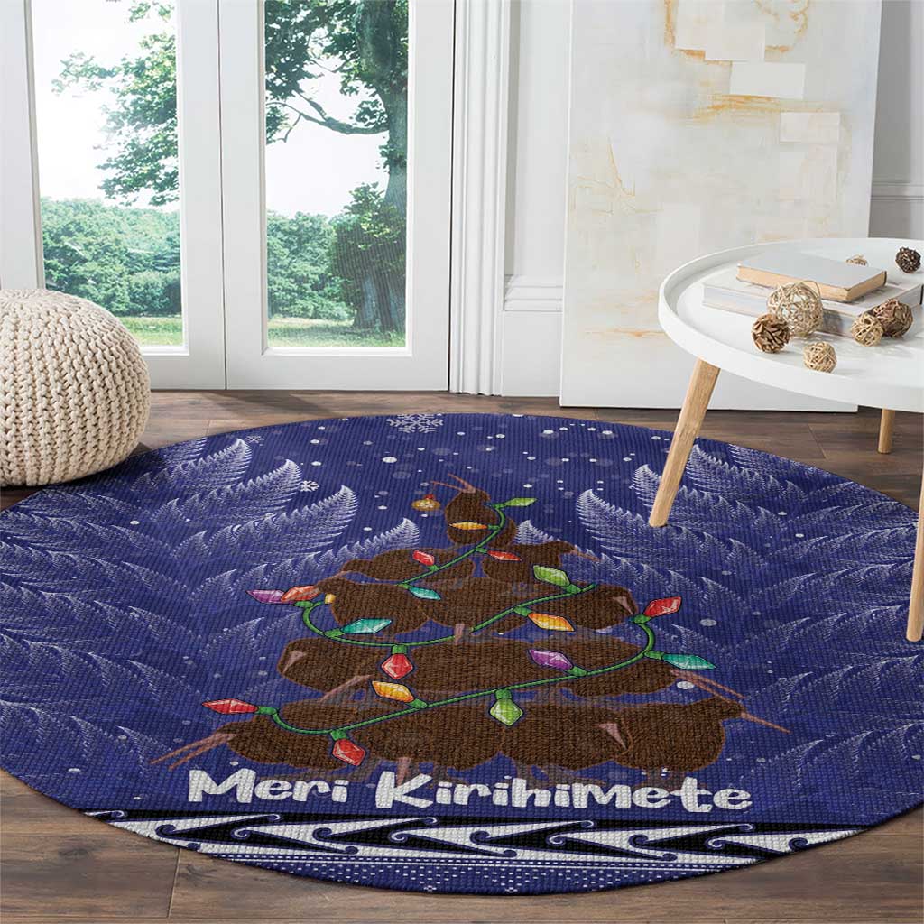 Kiwi New Zealand Christmas Round Carpet Meri Kirihimete Silver Fern - Blue Color LT14 - Polynesian Pride