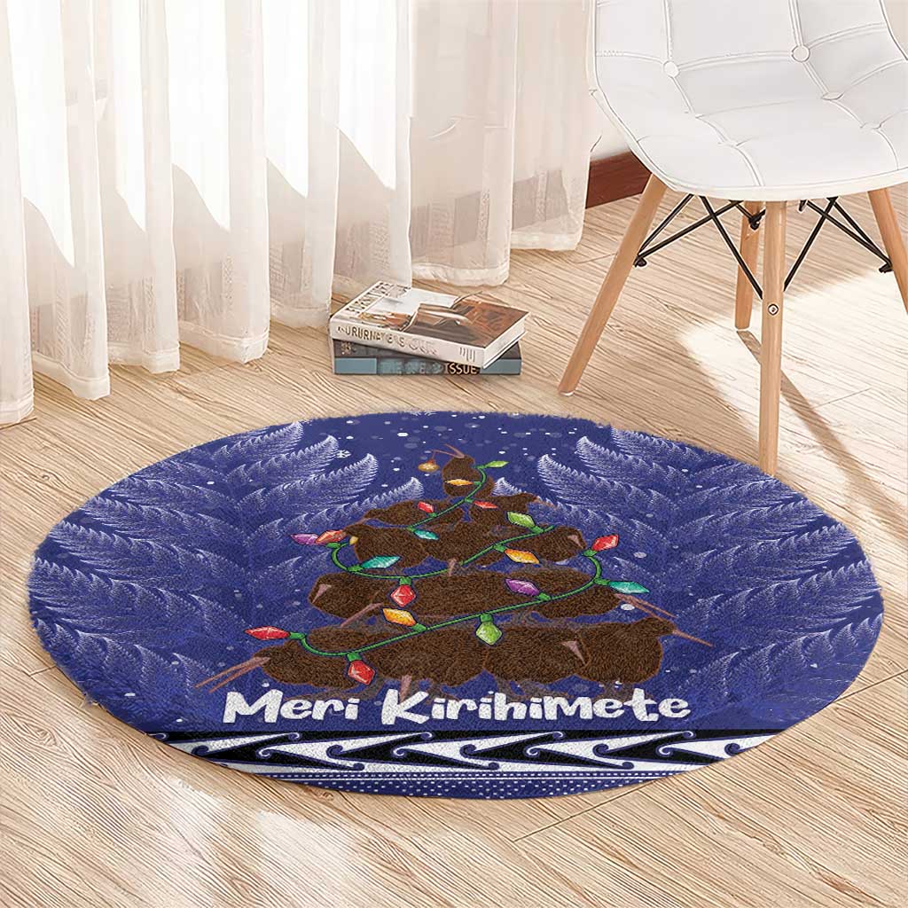 Kiwi New Zealand Christmas Round Carpet Meri Kirihimete Silver Fern - Blue Color LT14 - Polynesian Pride