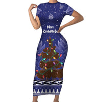 Kiwi New Zealand Christmas Short Sleeve Bodycon Dress Meri Kirihimete Silver Fern - Blue Color LT14 Long Dress Blue - Polynesian Pride
