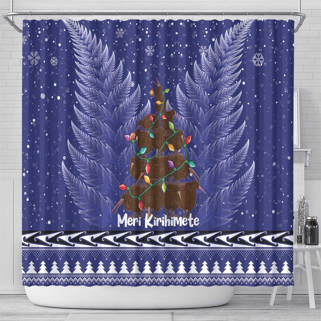 Kiwi New Zealand Christmas Shower Curtain Meri Kirihimete Silver Fern - Blue Color LT14 - Polynesian Pride