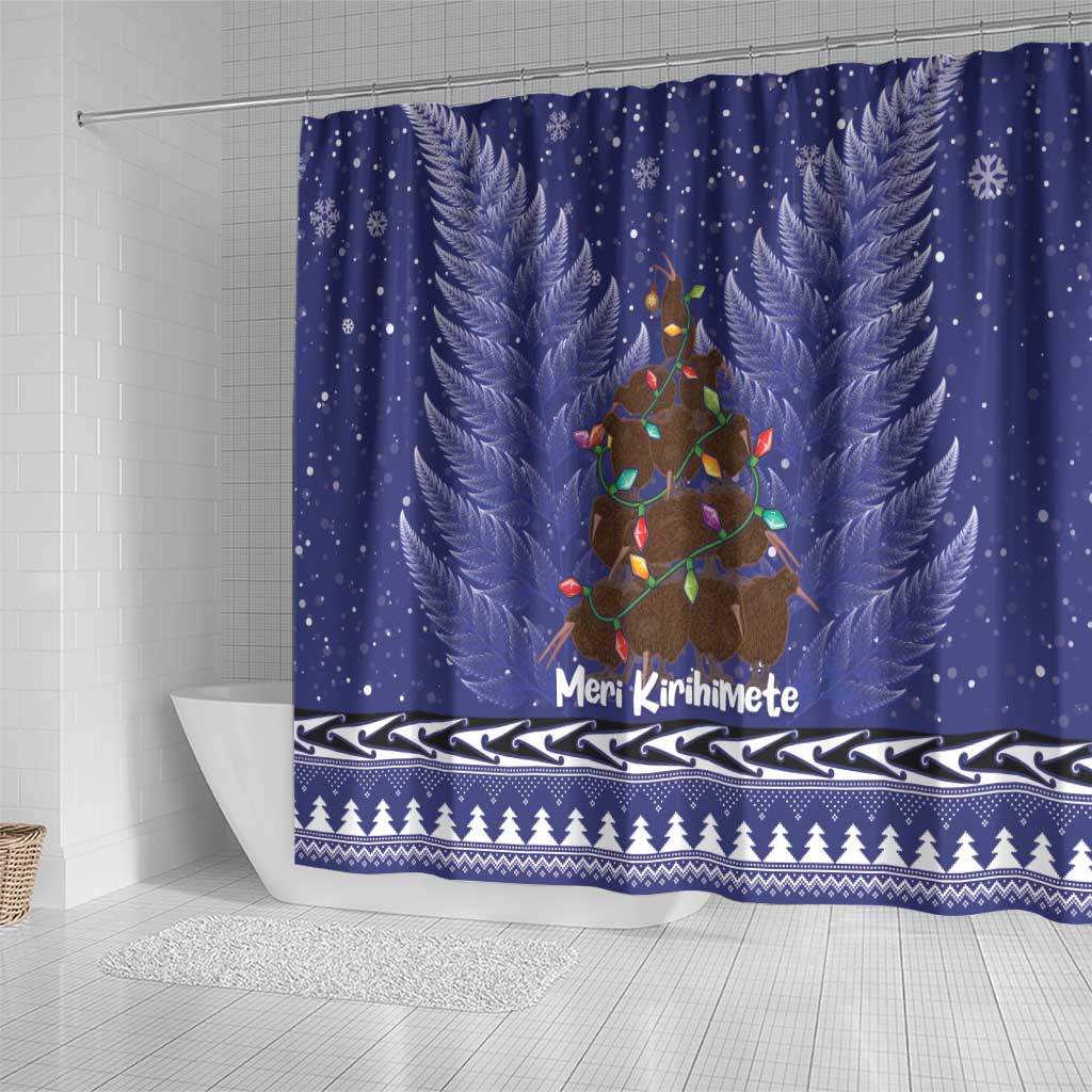Kiwi New Zealand Christmas Shower Curtain Meri Kirihimete Silver Fern - Blue Color LT14 - Polynesian Pride
