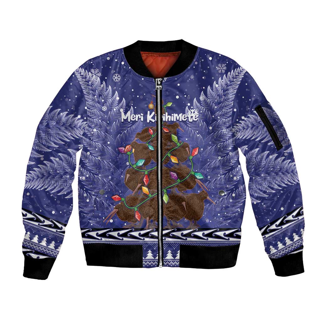 Kiwi New Zealand Christmas Sleeve Zip Bomber Jacket Meri Kirihimete Silver Fern - Blue Color LT14 Unisex Blue - Polynesian Pride