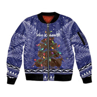 Kiwi New Zealand Christmas Sleeve Zip Bomber Jacket Meri Kirihimete Silver Fern - Blue Color LT14 Unisex Blue - Polynesian Pride