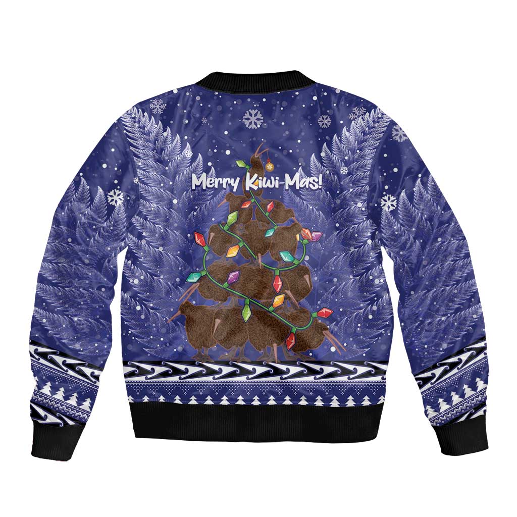 Kiwi New Zealand Christmas Sleeve Zip Bomber Jacket Meri Kirihimete Silver Fern - Blue Color LT14 - Polynesian Pride