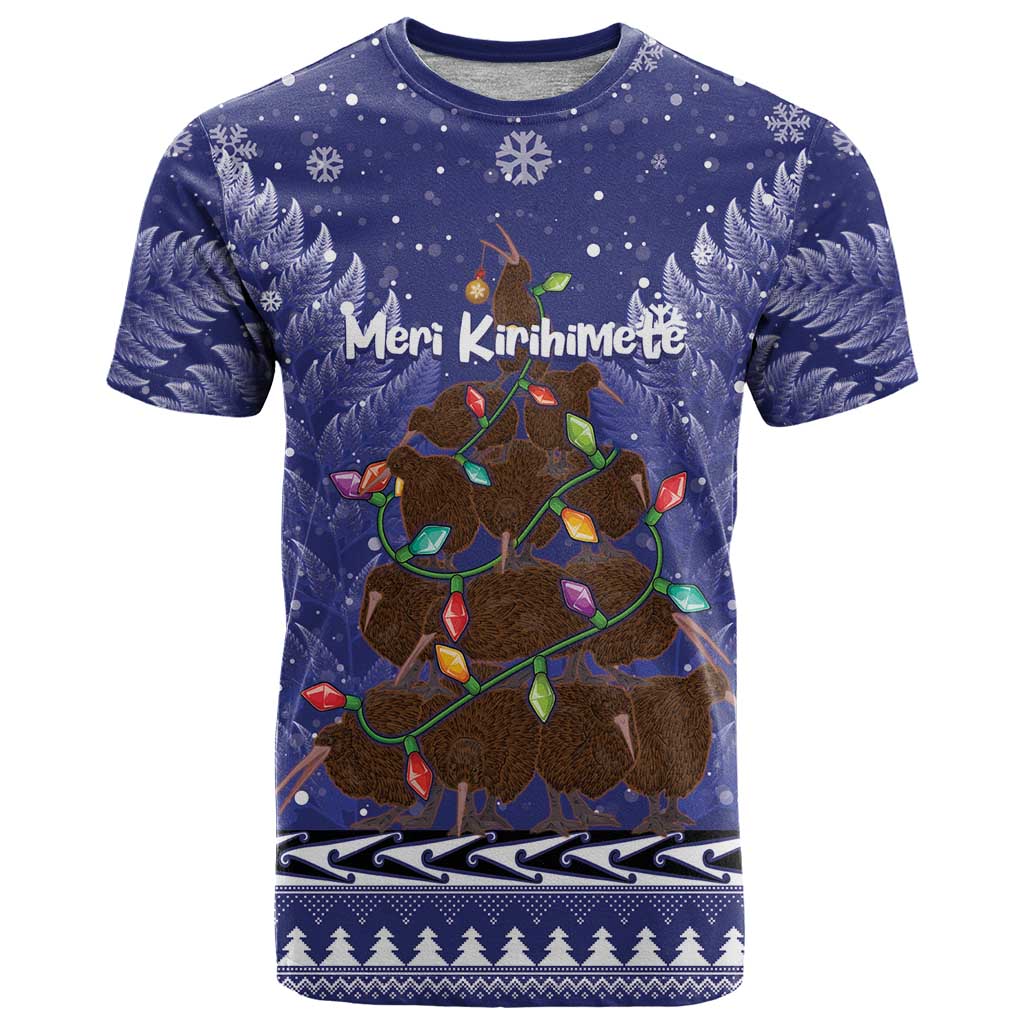 Kiwi New Zealand Christmas T Shirt Meri Kirihimete Silver Fern - Blue Color LT14 Blue - Polynesian Pride