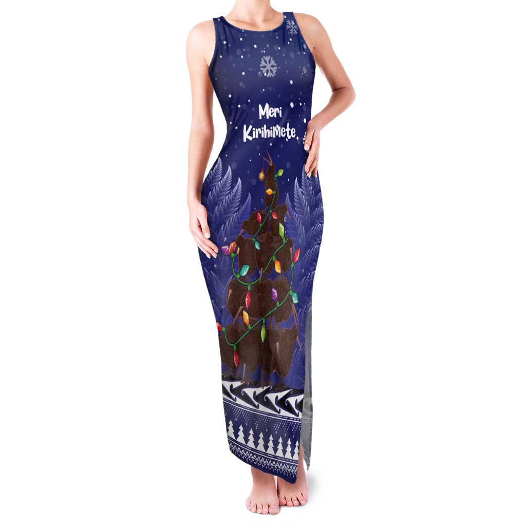 Kiwi New Zealand Christmas Tank Maxi Dress Meri Kirihimete Silver Fern - Blue Color LT14 Women Blue - Polynesian Pride