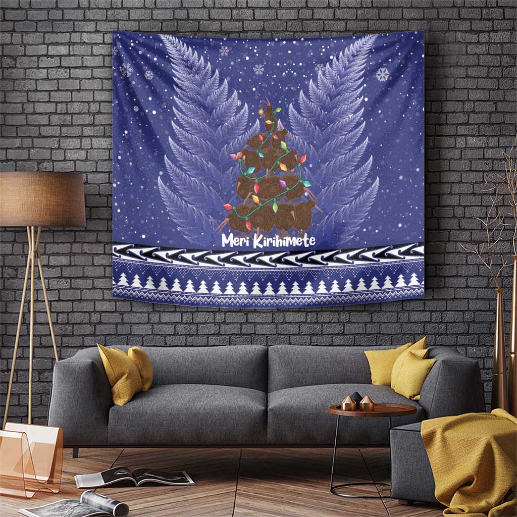 Kiwi New Zealand Christmas Tapestry Meri Kirihimete Silver Fern - Blue Color LT14 Blue - Polynesian Pride