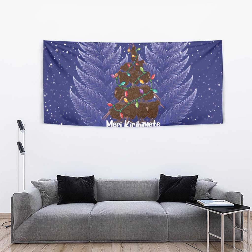 Kiwi New Zealand Christmas Tapestry Meri Kirihimete Silver Fern - Blue Color LT14 - Polynesian Pride
