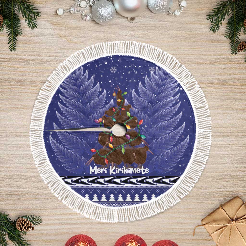 Kiwi New Zealand Christmas Tree Skirt Meri Kirihimete Silver Fern - Blue Color LT14 Fringed Blue - Polynesian Pride