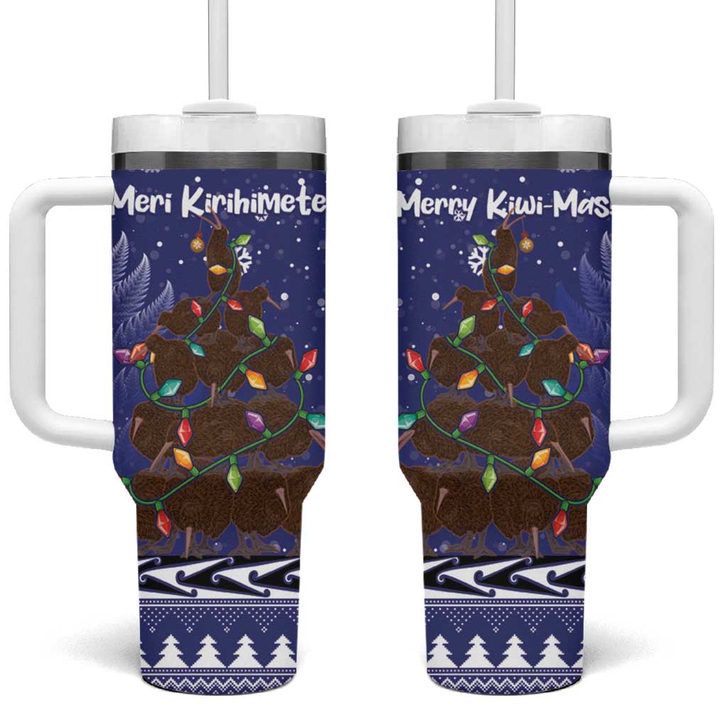 Kiwi New Zealand Christmas Tumbler With Handle Meri Kirihimete Silver Fern - Blue Color LT14 One Size: 40 oz Blue - Polynesian Pride