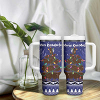 Kiwi New Zealand Christmas Tumbler With Handle Meri Kirihimete Silver Fern - Blue Color LT14 - Polynesian Pride
