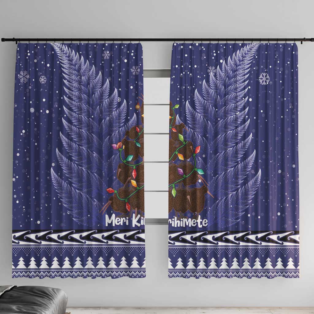 Kiwi New Zealand Christmas Window Curtain Meri Kirihimete Silver Fern - Blue Color LT14 With Hooks Blue - Polynesian Pride
