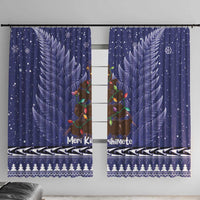 Kiwi New Zealand Christmas Window Curtain Meri Kirihimete Silver Fern - Blue Color LT14 With Hooks Blue - Polynesian Pride