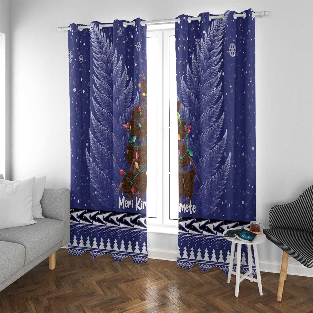 Kiwi New Zealand Christmas Window Curtain Meri Kirihimete Silver Fern - Blue Color LT14 With Grommets Blue - Polynesian Pride