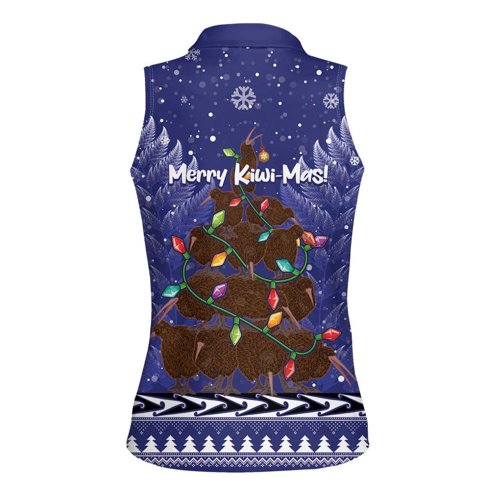 Kiwi New Zealand Christmas Women Sleeveless Polo Shirt Meri Kirihimete Silver Fern - Blue Color LT14 - Polynesian Pride