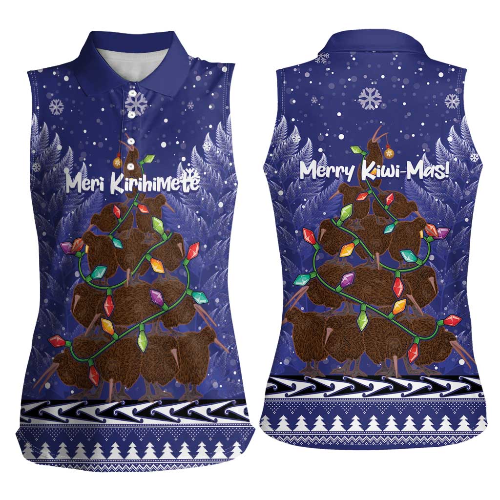 Kiwi New Zealand Christmas Women Sleeveless Polo Shirt Meri Kirihimete Silver Fern - Blue Color LT14 - Polynesian Pride
