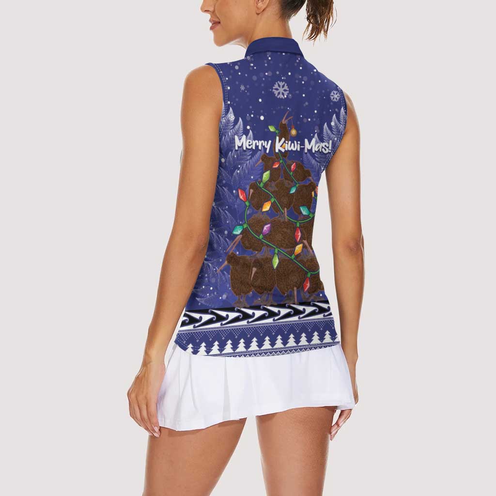 Kiwi New Zealand Christmas Women Sleeveless Polo Shirt Meri Kirihimete Silver Fern - Blue Color LT14 - Polynesian Pride