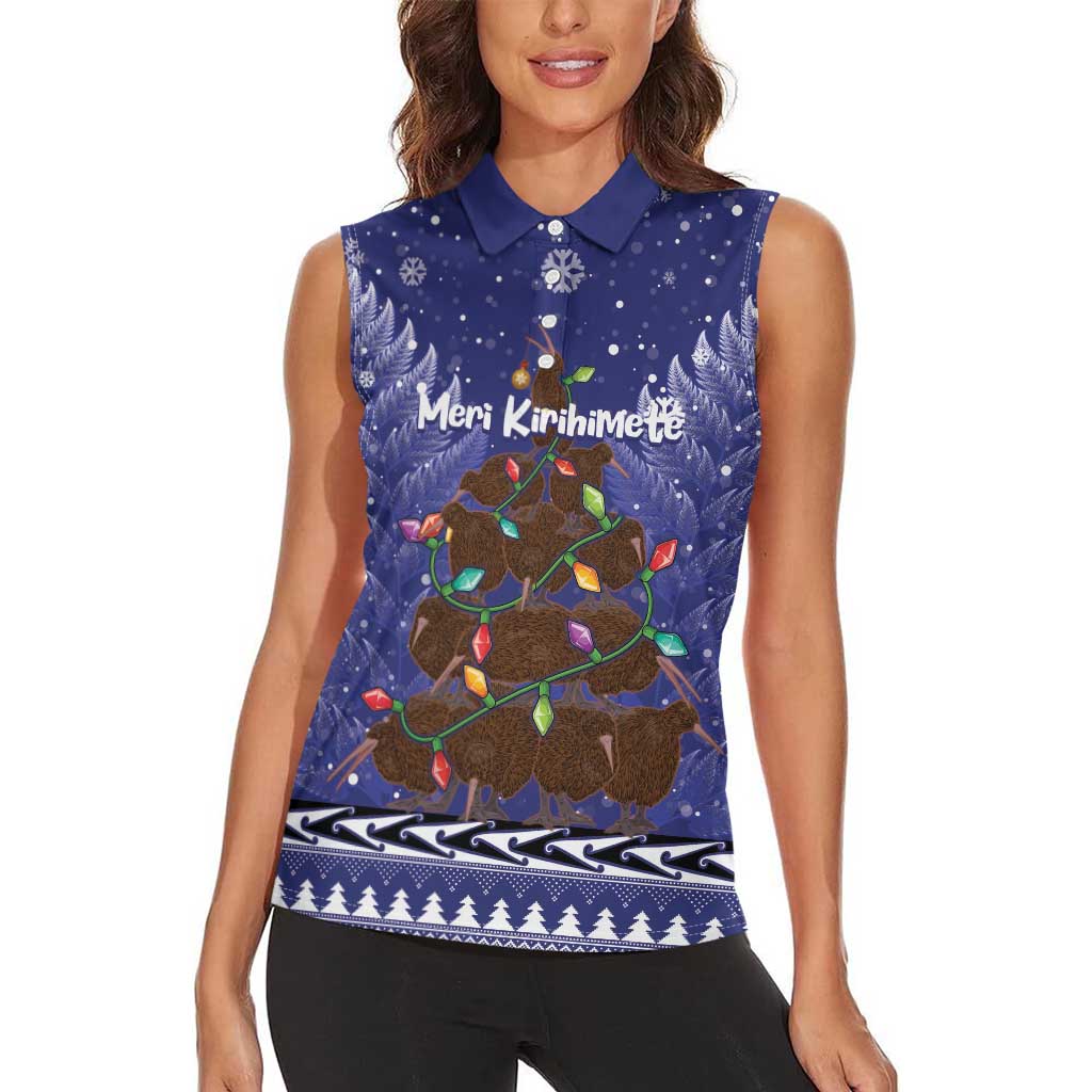 Kiwi New Zealand Christmas Women Sleeveless Polo Shirt Meri Kirihimete Silver Fern - Blue Color LT14 - Polynesian Pride