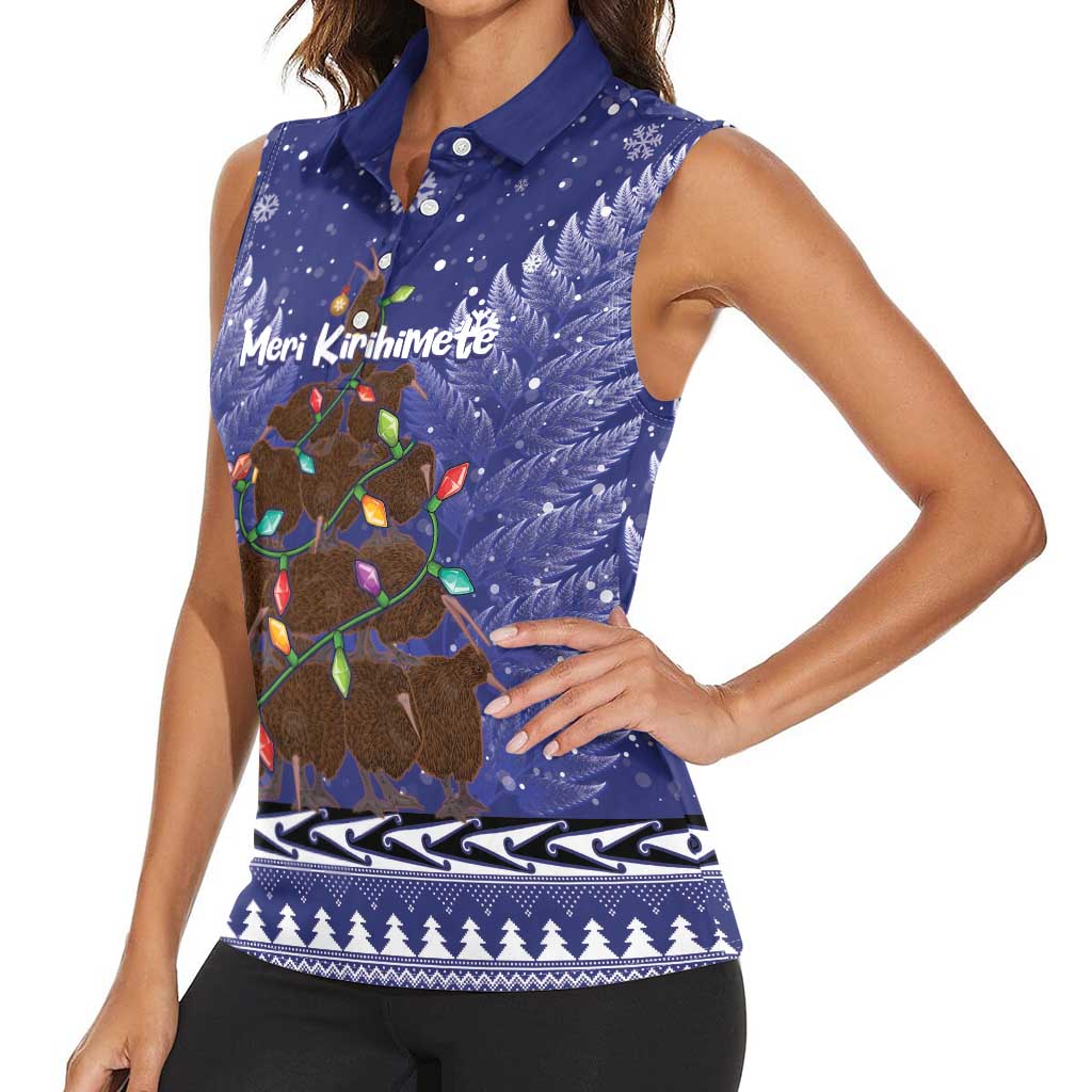 Kiwi New Zealand Christmas Women Sleeveless Polo Shirt Meri Kirihimete Silver Fern - Blue Color LT14 - Polynesian Pride