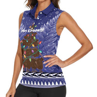 Kiwi New Zealand Christmas Women Sleeveless Polo Shirt Meri Kirihimete Silver Fern - Blue Color LT14 - Polynesian Pride