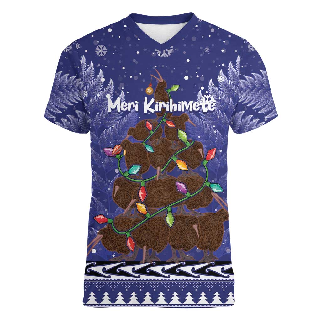 Kiwi New Zealand Christmas Women V-Neck T-Shirt Meri Kirihimete Silver Fern - Blue Color LT14 Female Blue - Polynesian Pride