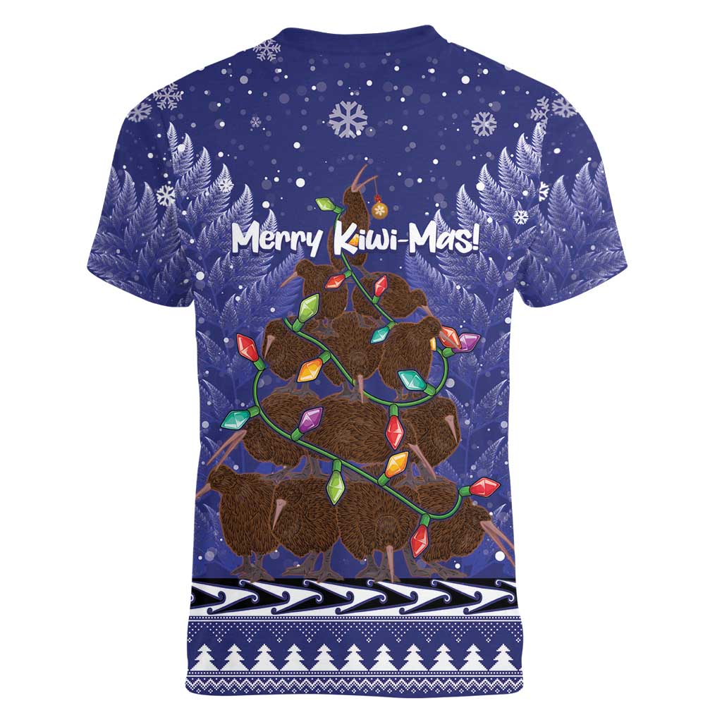 Kiwi New Zealand Christmas Women V-Neck T-Shirt Meri Kirihimete Silver Fern - Blue Color LT14 - Polynesian Pride