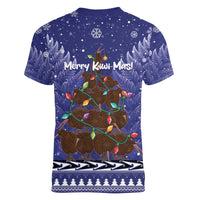 Kiwi New Zealand Christmas Women V-Neck T-Shirt Meri Kirihimete Silver Fern - Blue Color LT14 - Polynesian Pride