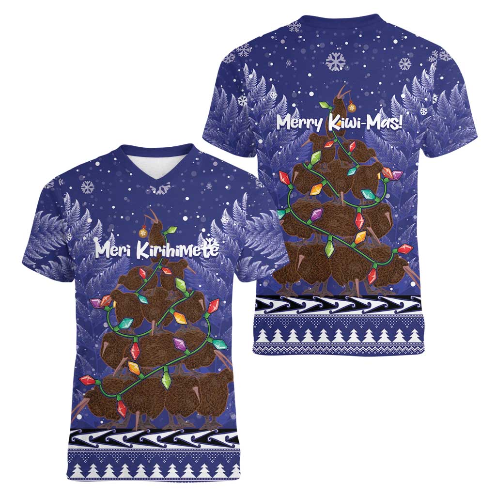 Kiwi New Zealand Christmas Women V-Neck T-Shirt Meri Kirihimete Silver Fern - Blue Color LT14 - Polynesian Pride