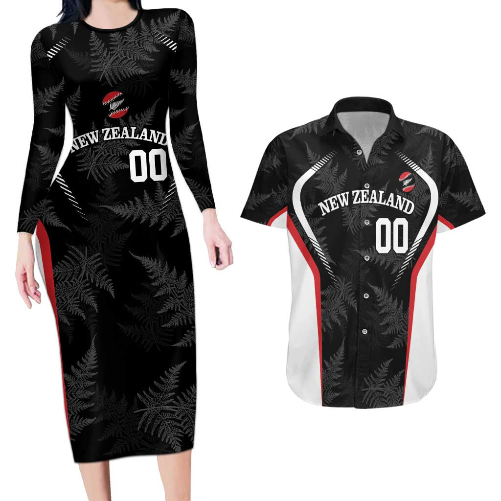 Custom New Zealand Silver Fern Softball Couples Matching Long Sleeve Bodycon Dress and Hawaiian Shirt Go Aotearoa LT14 Black - Polynesian Pride