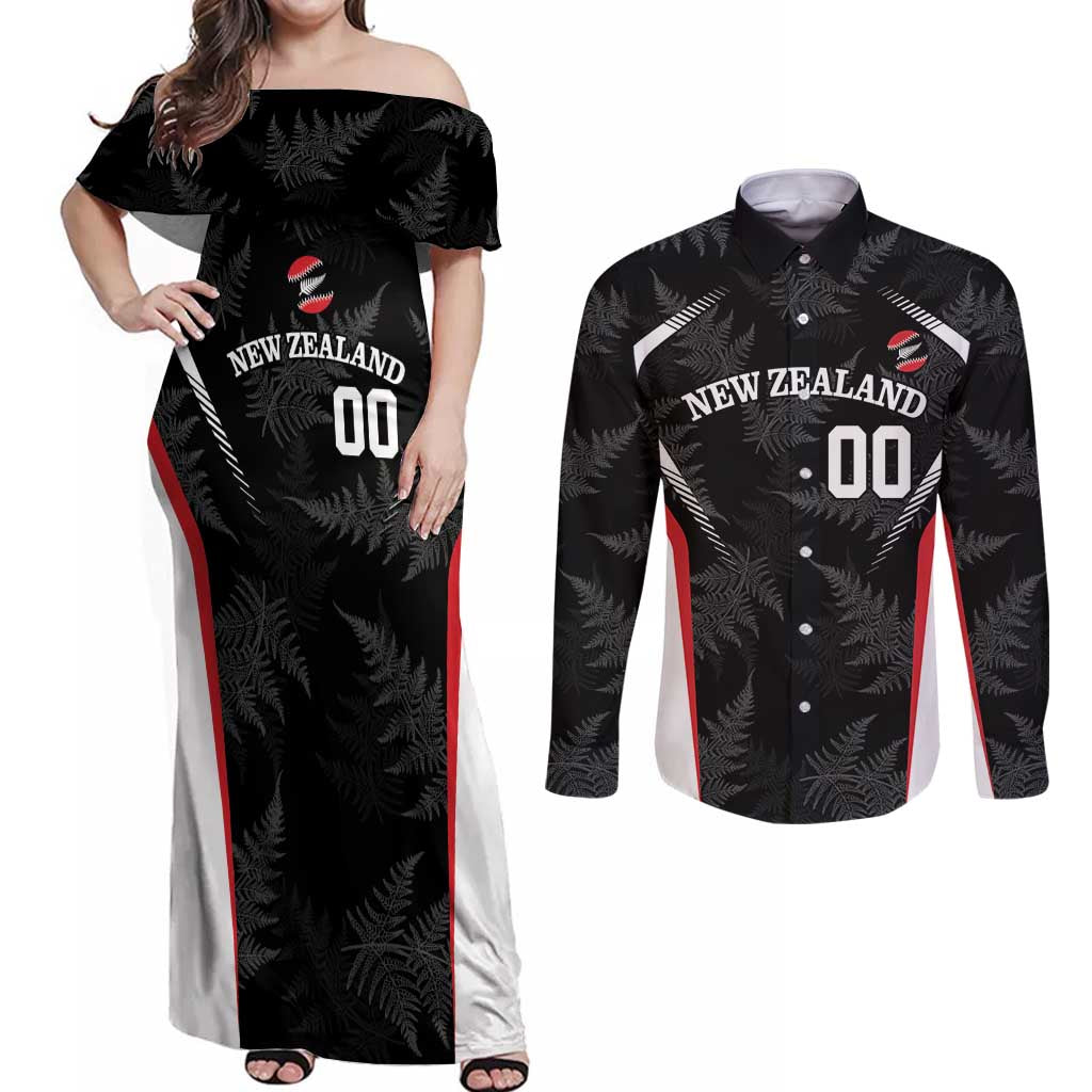 Custom New Zealand Silver Fern Softball Couples Matching Off Shoulder Maxi Dress and Long Sleeve Button Shirt Go Aotearoa LT14 Black - Polynesian Pride