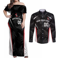 Custom New Zealand Silver Fern Softball Couples Matching Off Shoulder Maxi Dress and Long Sleeve Button Shirt Go Aotearoa LT14 Black - Polynesian Pride