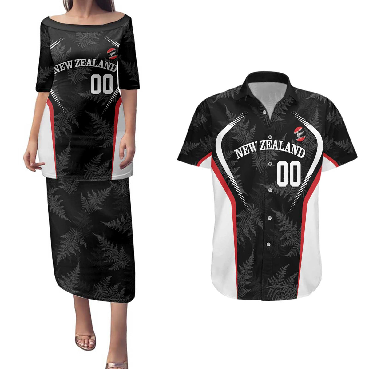 Custom New Zealand Silver Fern Softball Couples Matching Puletasi and Hawaiian Shirt Go Aotearoa LT14 Black - Polynesian Pride