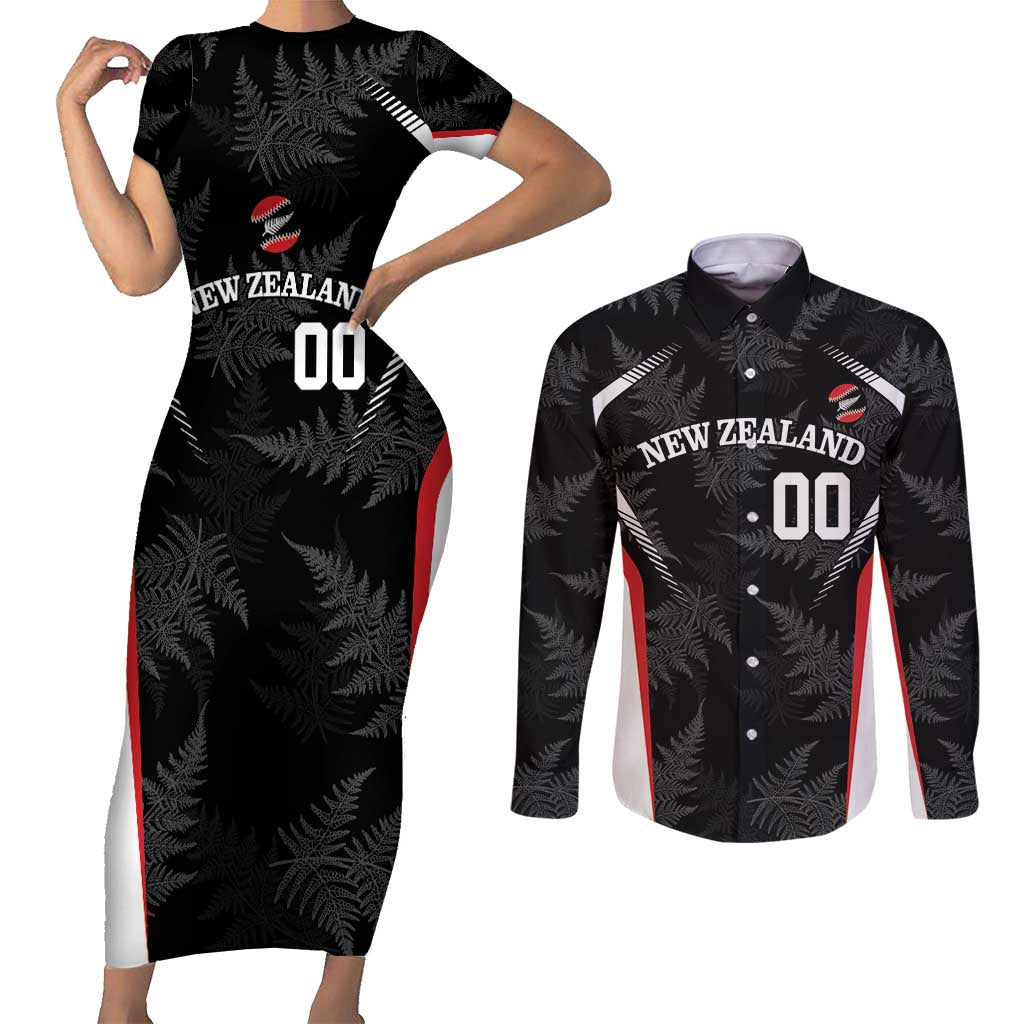 Custom New Zealand Silver Fern Softball Couples Matching Short Sleeve Bodycon Dress and Long Sleeve Button Shirt Go Aotearoa LT14 Black - Polynesian Pride