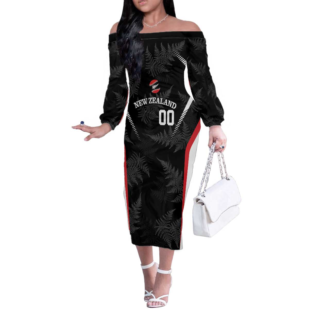 Custom New Zealand Silver Fern Softball Family Matching Off The Shoulder Long Sleeve Dress and Hawaiian Shirt Go Aotearoa LT14 Mom's Dress Black - Polynesian Pride