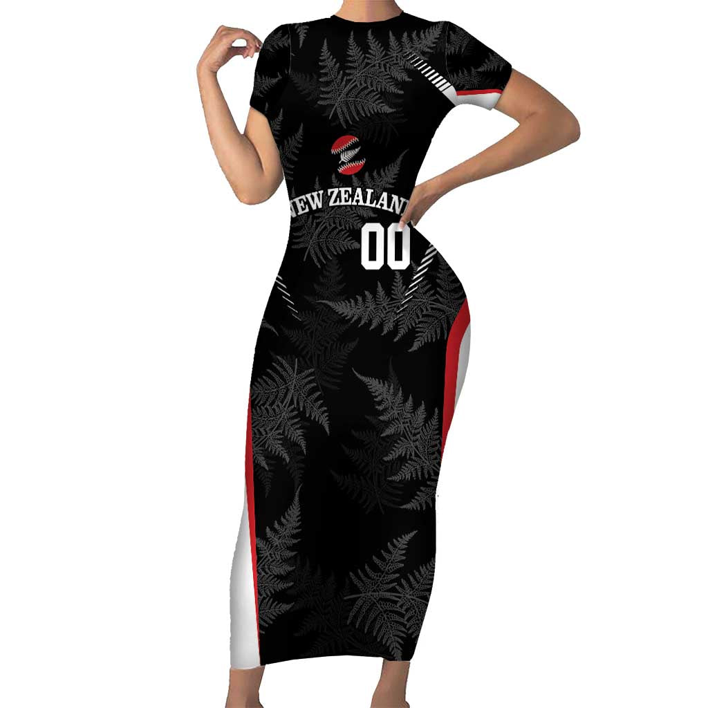 Custom New Zealand Silver Fern Softball Short Sleeve Bodycon Dress Go Aotearoa LT14 Long Dress Black - Polynesian Pride