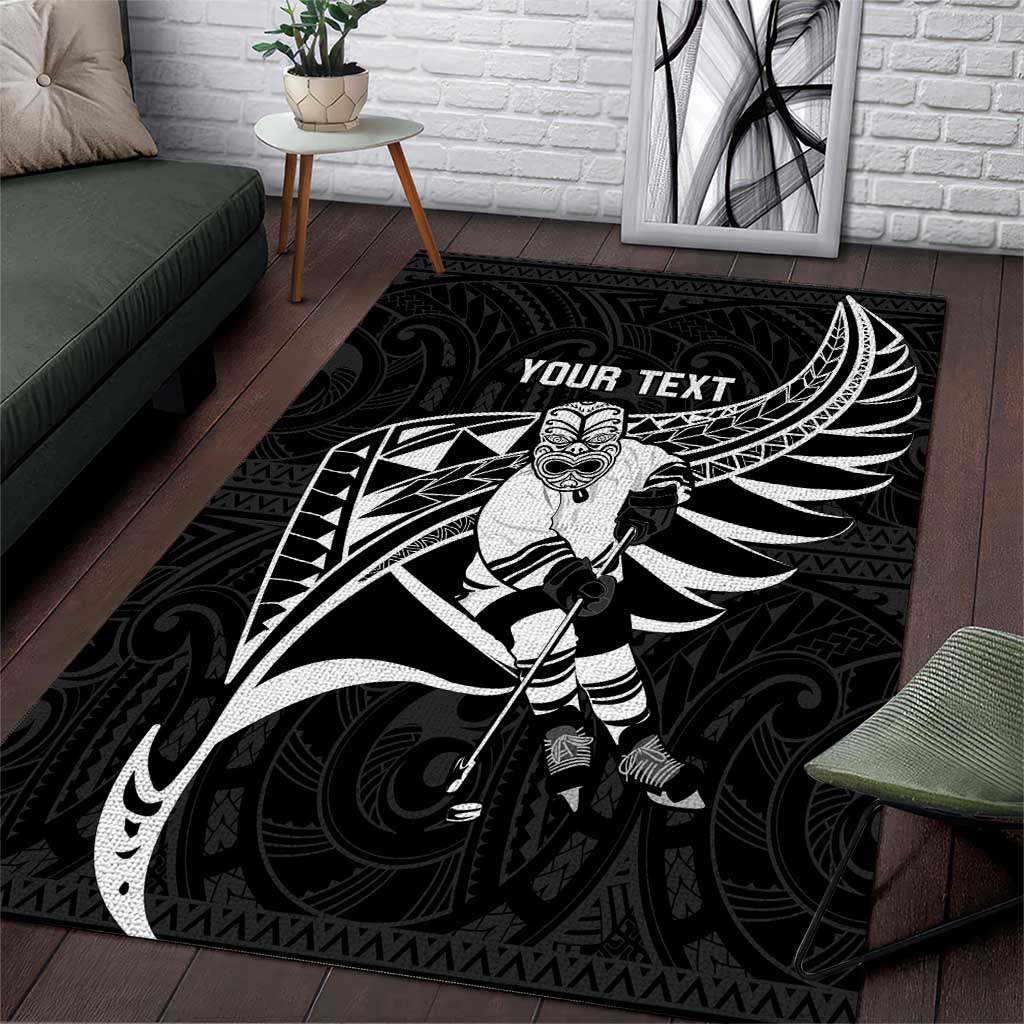 Custom Aotearoa Ice Hockey Area Rug NZ Tiki Mascot - Maori Pattern LT14 Black - Polynesian Pride