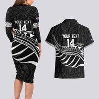 Custom Aotearoa Ice Hockey Couples Matching Long Sleeve Bodycon Dress and Hawaiian Shirt NZ Tiki Mascot - Maori Pattern LT14 - Polynesian Pride