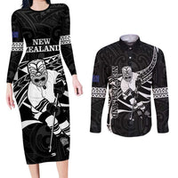 Custom Aotearoa Ice Hockey Couples Matching Long Sleeve Bodycon Dress and Long Sleeve Button Shirt NZ Tiki Mascot - Maori Pattern LT14 Black - Polynesian Pride