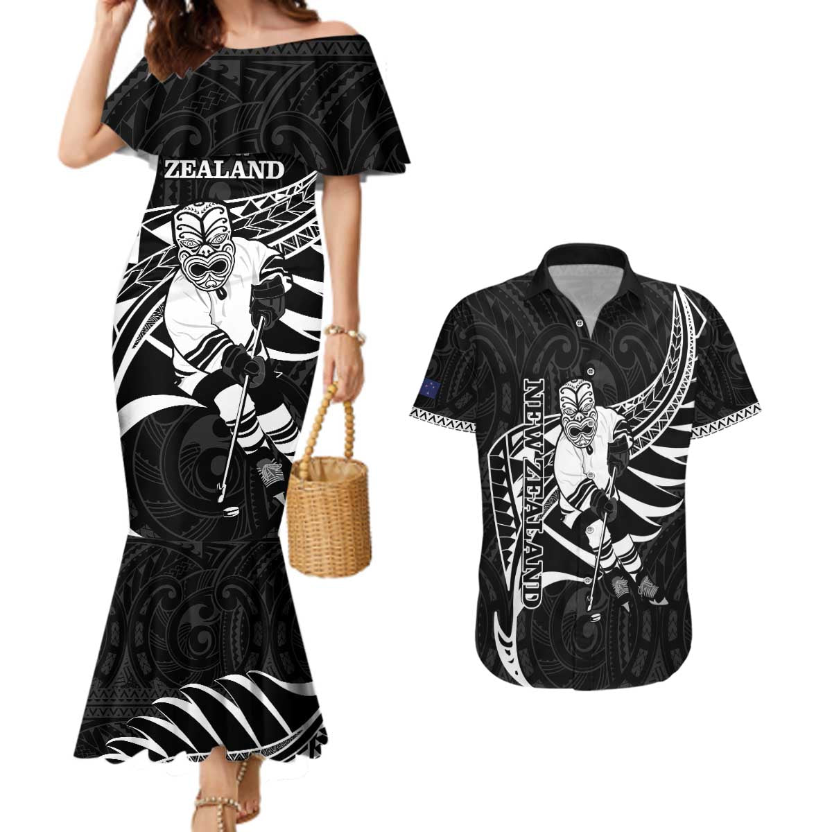 Custom Aotearoa Ice Hockey Couples Matching Mermaid Dress and Hawaiian Shirt NZ Tiki Mascot - Maori Pattern LT14 Black - Polynesian Pride