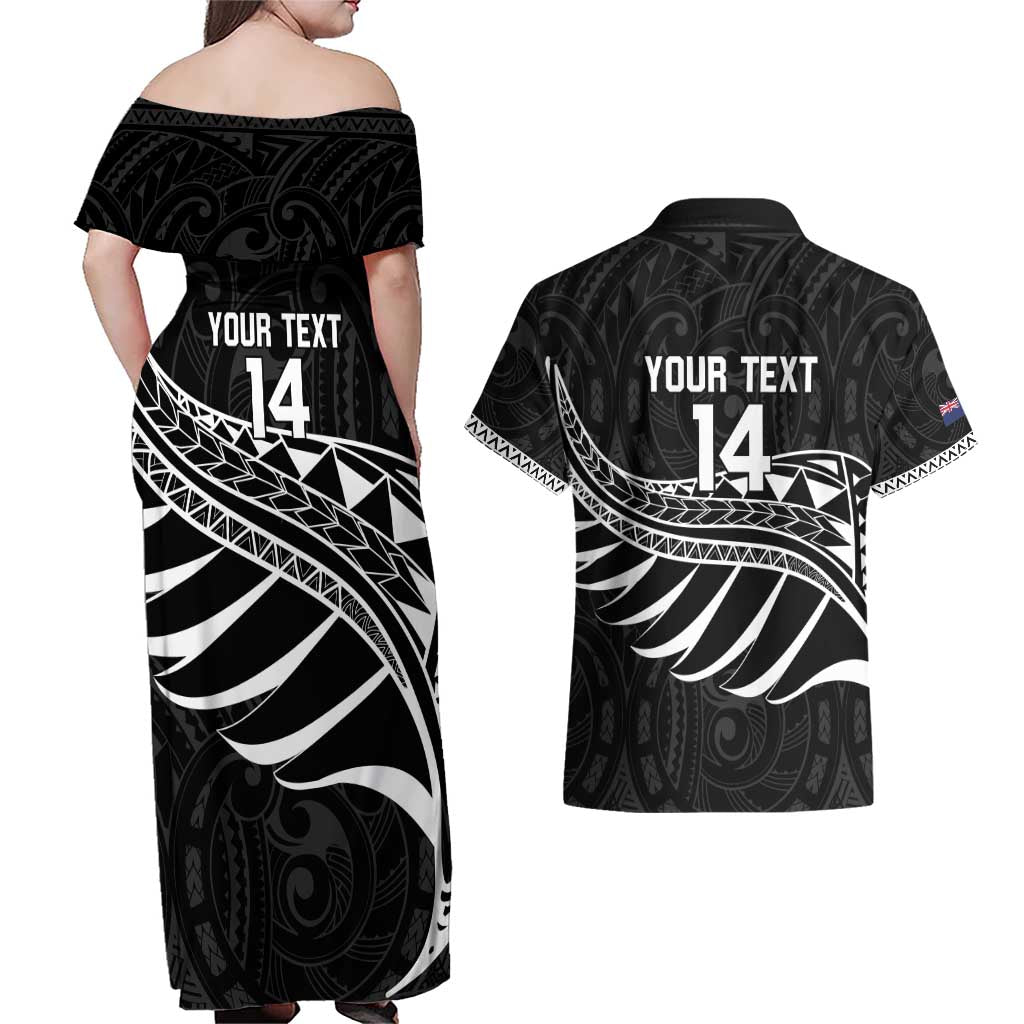 Custom Aotearoa Ice Hockey Couples Matching Off Shoulder Maxi Dress and Hawaiian Shirt NZ Tiki Mascot - Maori Pattern LT14 - Polynesian Pride
