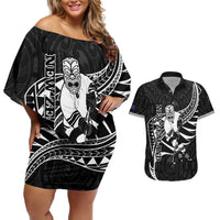 Custom Aotearoa Ice Hockey Couples Matching Off Shoulder Short Dress and Hawaiian Shirt NZ Tiki Mascot - Maori Pattern LT14 Black - Polynesian Pride