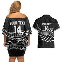 Custom Aotearoa Ice Hockey Couples Matching Off Shoulder Short Dress and Hawaiian Shirt NZ Tiki Mascot - Maori Pattern LT14 - Polynesian Pride