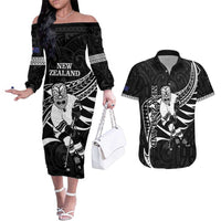 Custom Aotearoa Ice Hockey Couples Matching Off The Shoulder Long Sleeve Dress and Hawaiian Shirt NZ Tiki Mascot - Maori Pattern LT14 Black - Polynesian Pride