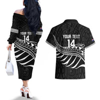 Custom Aotearoa Ice Hockey Couples Matching Off The Shoulder Long Sleeve Dress and Hawaiian Shirt NZ Tiki Mascot - Maori Pattern LT14 - Polynesian Pride