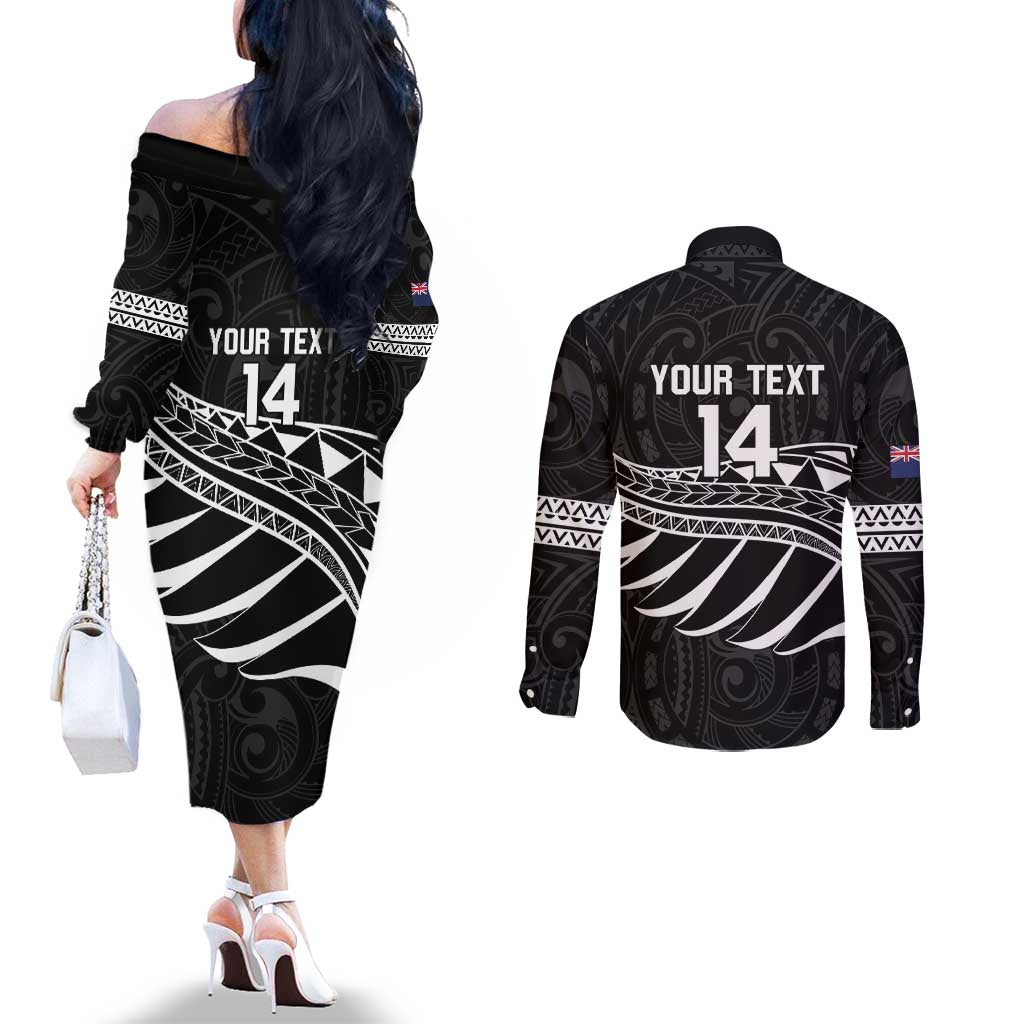 Custom Aotearoa Ice Hockey Couples Matching Off The Shoulder Long Sleeve Dress and Long Sleeve Button Shirt NZ Tiki Mascot - Maori Pattern LT14 - Polynesian Pride