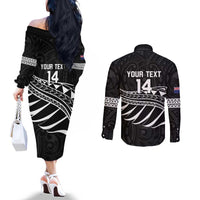 Custom Aotearoa Ice Hockey Couples Matching Off The Shoulder Long Sleeve Dress and Long Sleeve Button Shirt NZ Tiki Mascot - Maori Pattern LT14 - Polynesian Pride