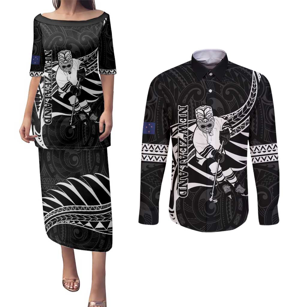Custom Aotearoa Ice Hockey Couples Matching Puletasi and Long Sleeve Button Shirt NZ Tiki Mascot - Maori Pattern