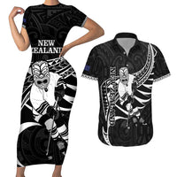 Custom Aotearoa Ice Hockey Couples Matching Short Sleeve Bodycon Dress and Hawaiian Shirt NZ Tiki Mascot - Maori Pattern LT14 Black - Polynesian Pride