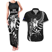 Custom Aotearoa Ice Hockey Couples Matching Tank Maxi Dress and Hawaiian Shirt NZ Tiki Mascot - Maori Pattern LT14 Black - Polynesian Pride
